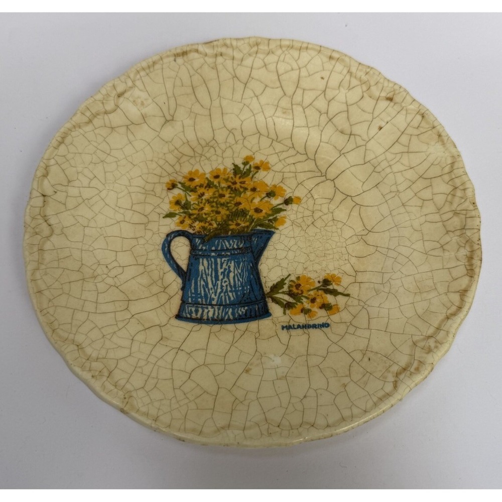 Folk Art Decorative Ceramic Crackle Paint Floral Motif 7.25" Plate Sunflowers